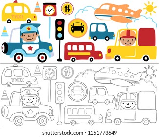 Vector set of traffic elements cartoon with funny driver, coloring book or page