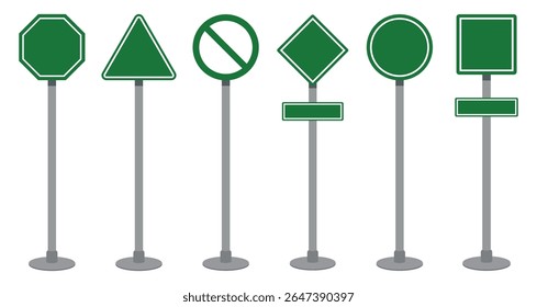 Vector set of traffic sign icons in various shapes including circle, triangle, square, octagon, and diamond on poles. Editable flat style for road safety or signage design. Icons, vector.