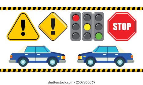 vector set of traffic signals, Red stop board, Traffic lights, two warnings and two traffic police cars, isolated on white background.