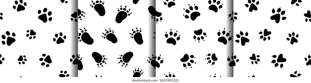 Vector set of trail seamless patterns with wildlife or domestic animals paw steps. Black silhouette animal tracks on white backgrounds. Seamless pattern collection of dog, cat, bear, wolf footprints.