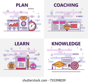 Vector set of training banners with Plan, Coaching, Learn, Knowledge concept templates. Modern thin line flat symbols, icons for web, print.
