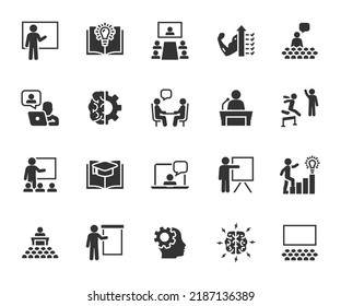 Vector set of training flat icons. Contains icons coaching, teaching, knowledge, presenter, audience, online training, skills and more. Pixel perfect.