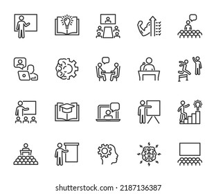 Vector set of training line icons. Contains icons coaching, teaching, knowledge, presenter, audience, online training, skills and more. Pixel perfect.