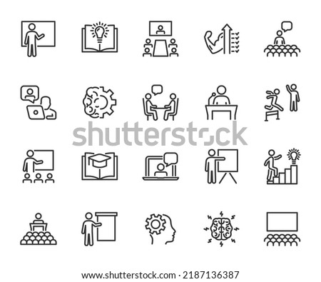 Vector set of training line icons. Contains icons coaching, teaching, knowledge, presenter, audience, online training, skills and more. Pixel perfect.