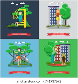 Vector set of training outside posters, banners. Training apparatus, Skipping rope, Hoop and Charging flat style design elements.