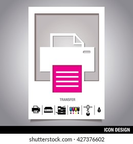 Vector set of transfer icon, printer icon, ink icon,  3d printer icon, laser printer icon, scanner icon on on photo frame icon.