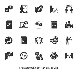 Conjunto vectorial de iconos planos de traducción. Contiene iconos traductor, comunicación, traducir, idioma, abc, diccionario, traducción de documentos, bilingüe y más. Píxel perfecto.