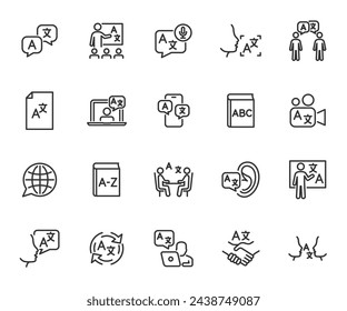 Vector set of translation line icons. Contains icons translator, communication, translate, language, abc, dictionary, document translation, bilingual and more. Pixel perfect.