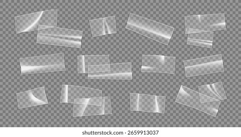 Vector de cinta adhesiva transparente. Tira de cinta adhesiva. Piezas rotas de cinta adhesiva aisladas sobre fondo transparente.