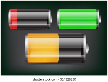 Vector set of transparent battery illustration. Green, orange and red battery on dark background