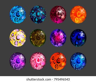 vector set of transparent bright  precious objects; malachite icon isolated on black; polish blemishes textured semiprecious stones; fantasy glow gemstones icons set; yellow, green, red, blue, purple 