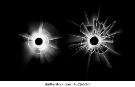 Vector Set of Transparent Crack Broken Glass Window with two Bullet Holes Close up Isolated on Dark Black Background