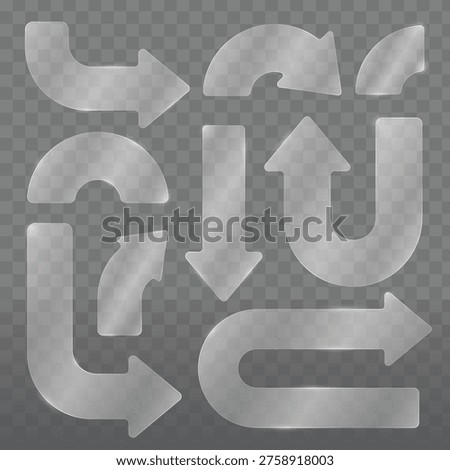 Vector set of transparent glass arrows on a checkered background. Includes various directions like up, down, left, right, and curved paths.