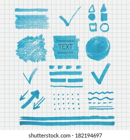 Vector set of transparent highlighter marks, blue color on school checked paper