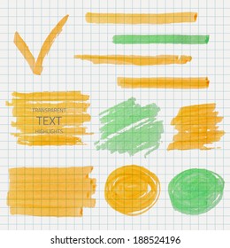Vector set of transparent highlighter marks, orange and green on school checked paper