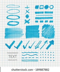Vector set of transparent highlighter marks, blue color on school checked paper