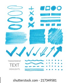 Vector set of transparent highlighter marks, blue color isolated on white