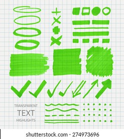 Vector set of transparent highlighter marks, green color on school checked paper