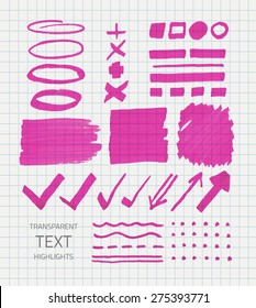 Vector set of transparent highlighter marks, pink color on school checked paper