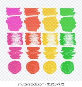 Vector set of transparent highlighter marks, green, red, pink, yellow colors on transparent demonstrative gray grid