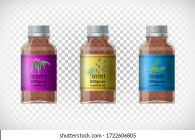 Vector set of transparent medical bottles with label. Lettering Eucalyptus Rosemary Lavender 100% pure essential oil. Brown glass containers for powder, pils, medicine, oil. Realistic design elements.