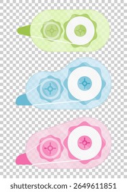 A vector set of transparent plastic correction tapes in blue, pink, and green. Flat design with subtle lighting for depth.
