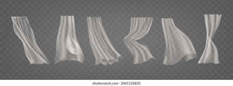 Vector Set Of Transparent Sheer Curtains Depicted In Various States Of Drape And Flow Isolated on Transparent Background