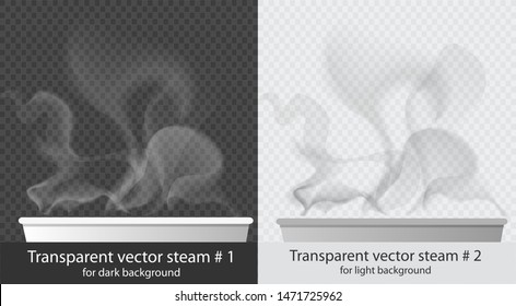 Vector Set Of Transparent Steam Over Cup Collection On White And Dark Background