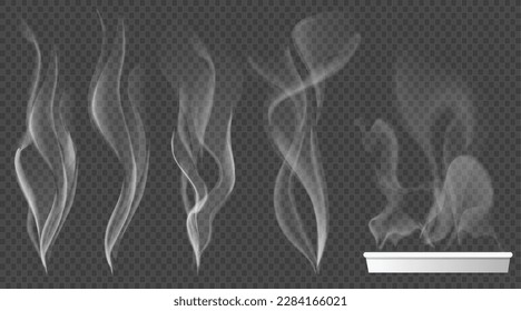 Vector set of transparent white cigarette smoke and transparent white steam over cup on dark background