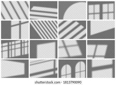Vector set of transparent windows shadows. Realistic shadow overlay effect and natural soft lightning for mockup scenes and backgrounds. 