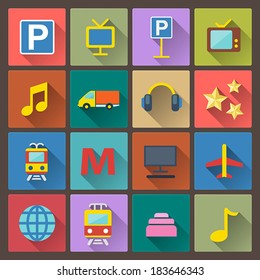 vector set of transport and entertainment icons in flat design style