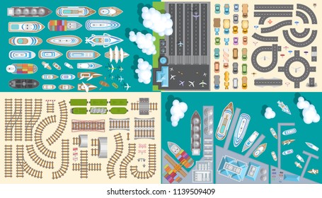 Vector set. Transport and logistic. Top view. Port, ships, railway, road, airport. View from above. Collection for the plan, maps, infographics.