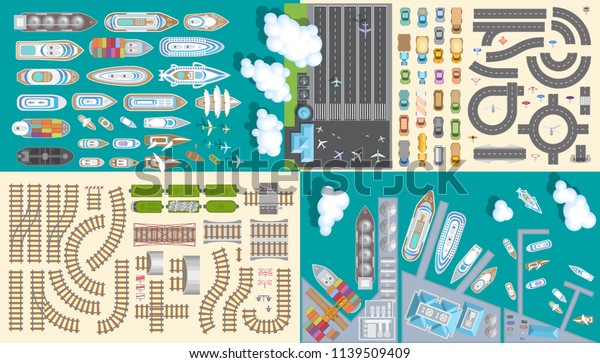 Vector set. Transport and logistic. Top
view. Port, ships, railway, road, airport. View from above.
Collection for the plan, maps,
infographics.