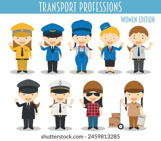 Vector Set of Transport Professions in cartoon style. Women Edition.