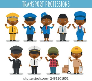 Vector Set of Transport Professions in cartoon style. Black or African American characters.