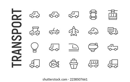 Conjunto vectorial de iconos de línea delgada de transporte. Diseño de 20 pictogramas de infarto. Señales de transporte aisladas en un fondo blanco.