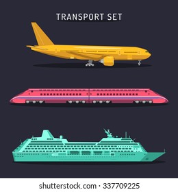Vector set of transportation icons in flat style. Passenger plane, train and ship logos set.  Travel, journey, tour, trip, voyage infographics illustrations. 