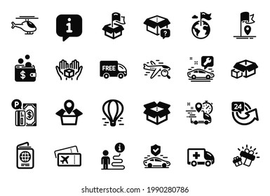Vector Set of Transportation icons related to Gift, Package location and Car service icons. Hold box, Passport and Delivery location signs. Air balloon, 24 hours and Free delivery. Flag. Vector