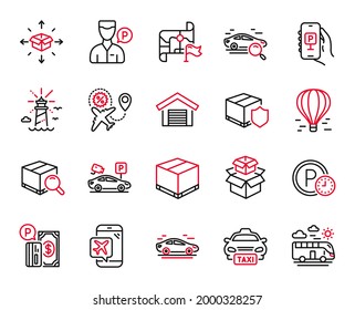 Vector Set of Transportation icons related to Destination flag, Lighthouse and Parking app icons. Car, Parcel delivery and Bus travel signs. Search package, Parking payment and Valet servant. Vector