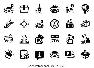 Iconos del conjunto de vectores de transporte relacionados con los iconos de la lista de verificación Parcel, Lighthouse y Packing. Regalo, Entrega y 48 horas de señalización. Monstruo de rodillos, vuelo de búsqueda y estacionamiento. Coche. Vector