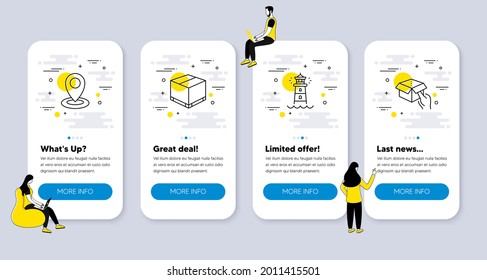 Vector Set of Transportation icons related to Location, Lighthouse and Delivery box icons. UI phone app screens with people. Hold box line symbols. Vector