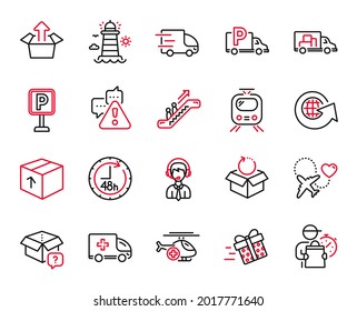Vector Set of Transportation icons related to Truck transport, Train and Delivery man icons. Honeymoon travel, Shipping support and Lighthouse signs. Return package, Medical helicopter. Vector