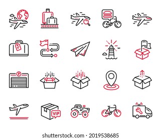 Vector Set of Transportation icons related to Food delivery, Airplane and Departure plane icons. Hand baggage, Delivery location and Parking garage signs. Baggage reclaim, Packing boxes. Vector