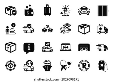 Vector Set of Transportation icons related to Truck delivery, Parking garage and Package icons. No parking, Taxi and Baggage reclaim signs. Lift, Parcel shipping and Parcel tracking. Ship. Vector