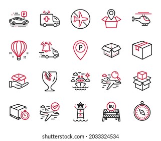 Vector Set of Transportation icons related to Ship travel, Lighthouse and Parcel icons. Fragile package, Parking and Travel compass signs. Car parking, Confirmed flight and Open box. Vector