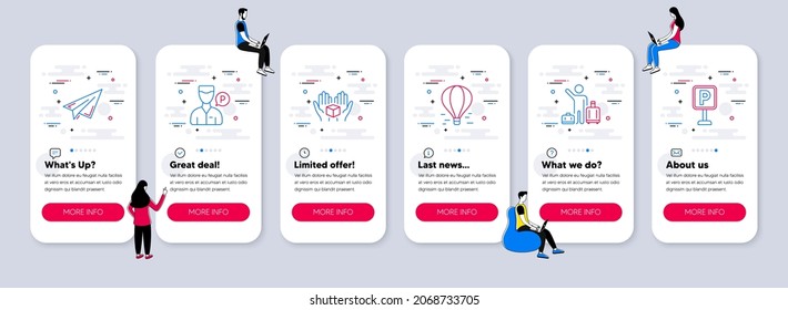 Vector Set Of Transportation Icons Related To Valet Servant, Paper Plane And Airport Transfer Icons. UI Phone App Screens With Teamwork. Hold Box, Air Balloon And Parking Line Symbols. Vector