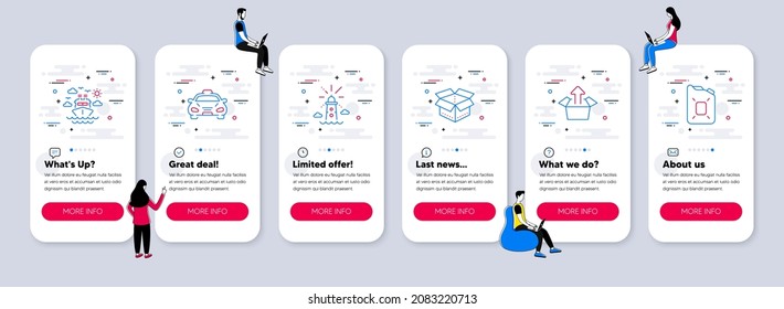 Vector Set of Transportation icons related to Lighthouse, Open box and Taxi icons. UI phone app screens with teamwork. Send box, Ship travel and Canister oil line symbols. Vector