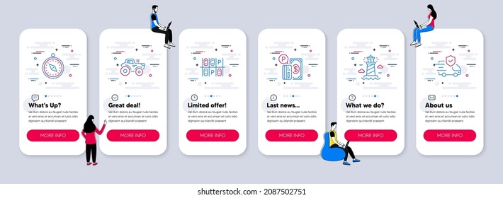 Vector Set of Transportation icons related to Lighthouse, Parking payment and Travel compass icons. UI phone app screens with teamwork. Vector