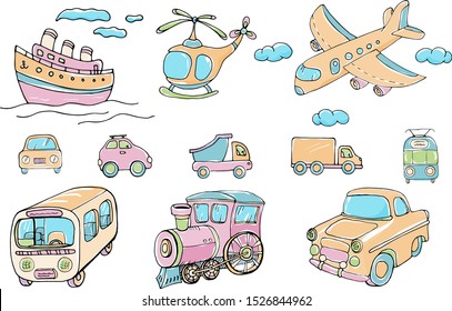 Vector set of transports. Cartoon colored isolated objects on a white background. Multicolored hand drawn illustration.