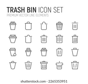 Vector set of trash bin thin line icons. Design of 20 stroke pictograms. Signs of trash bin isolated on a white background.